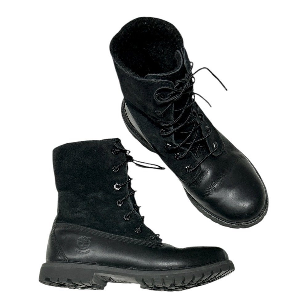 Timberland Black Leather Teddy Fleece Waterproof Fold Down Boots Lace Up Sz 9 - Picture 13 of 16